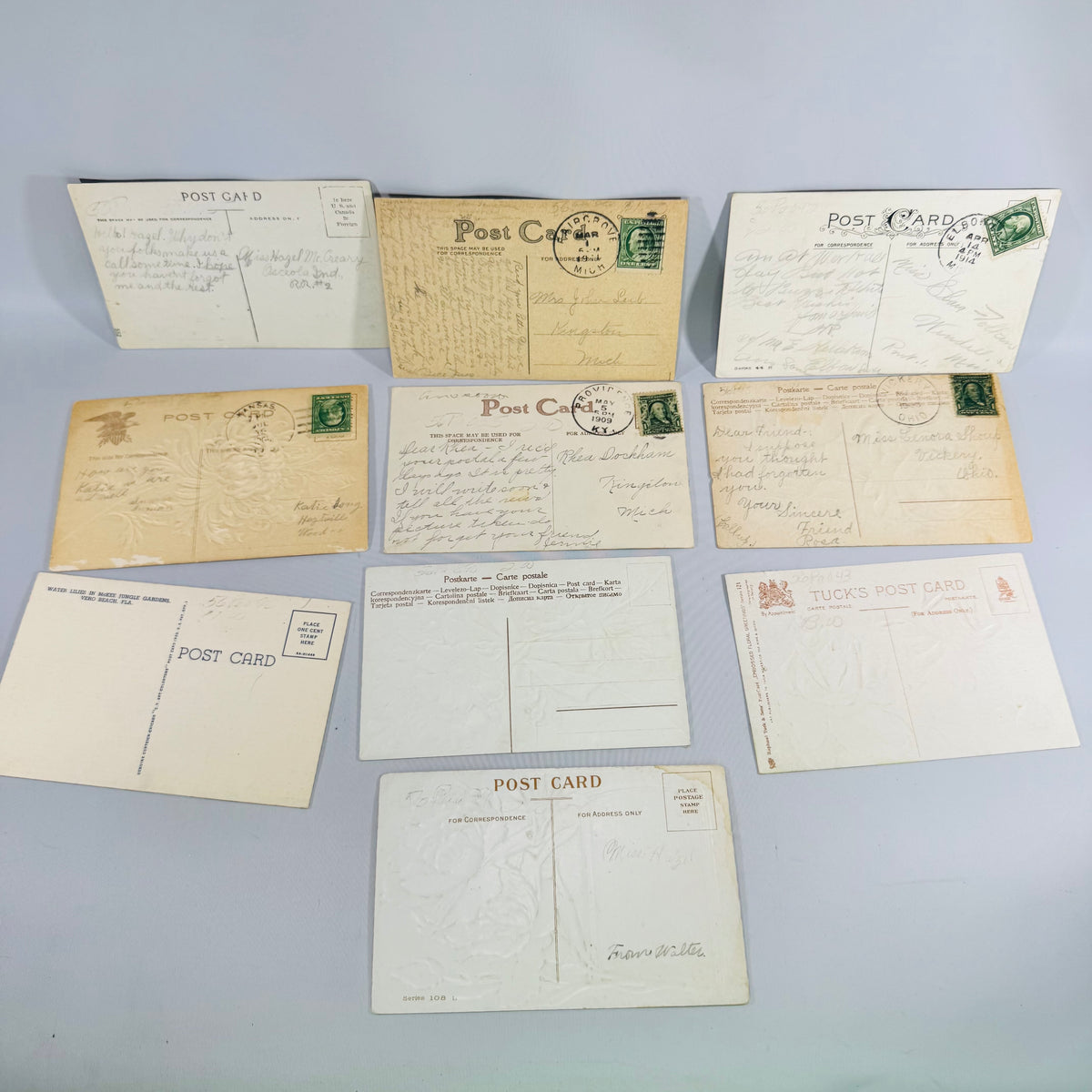 Vintage Floral Postcard Bundle of 10 Embossed Flower & Scenic Greeting Cards with Antique Postmarks