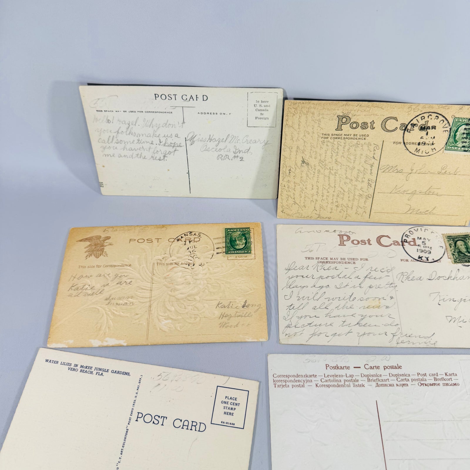 Vintage Floral Postcard Bundle of 10 Embossed Flower & Scenic Greeting Cards with Antique Postmarks