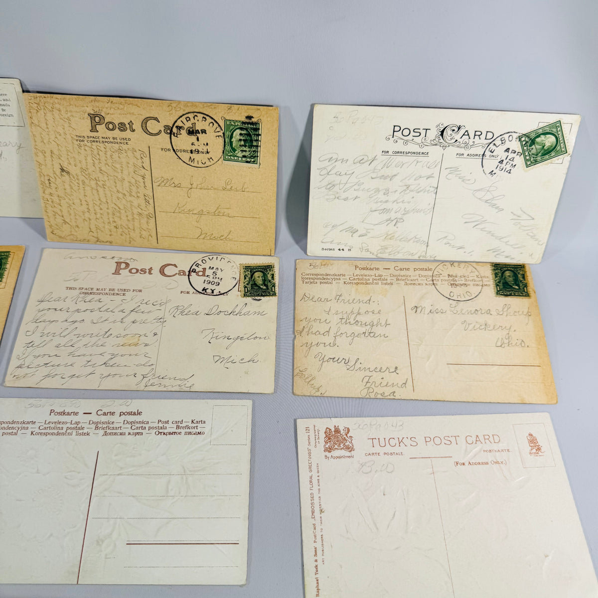 Vintage Floral Postcard Bundle of 10 Embossed Flower & Scenic Greeting Cards with Antique Postmarks