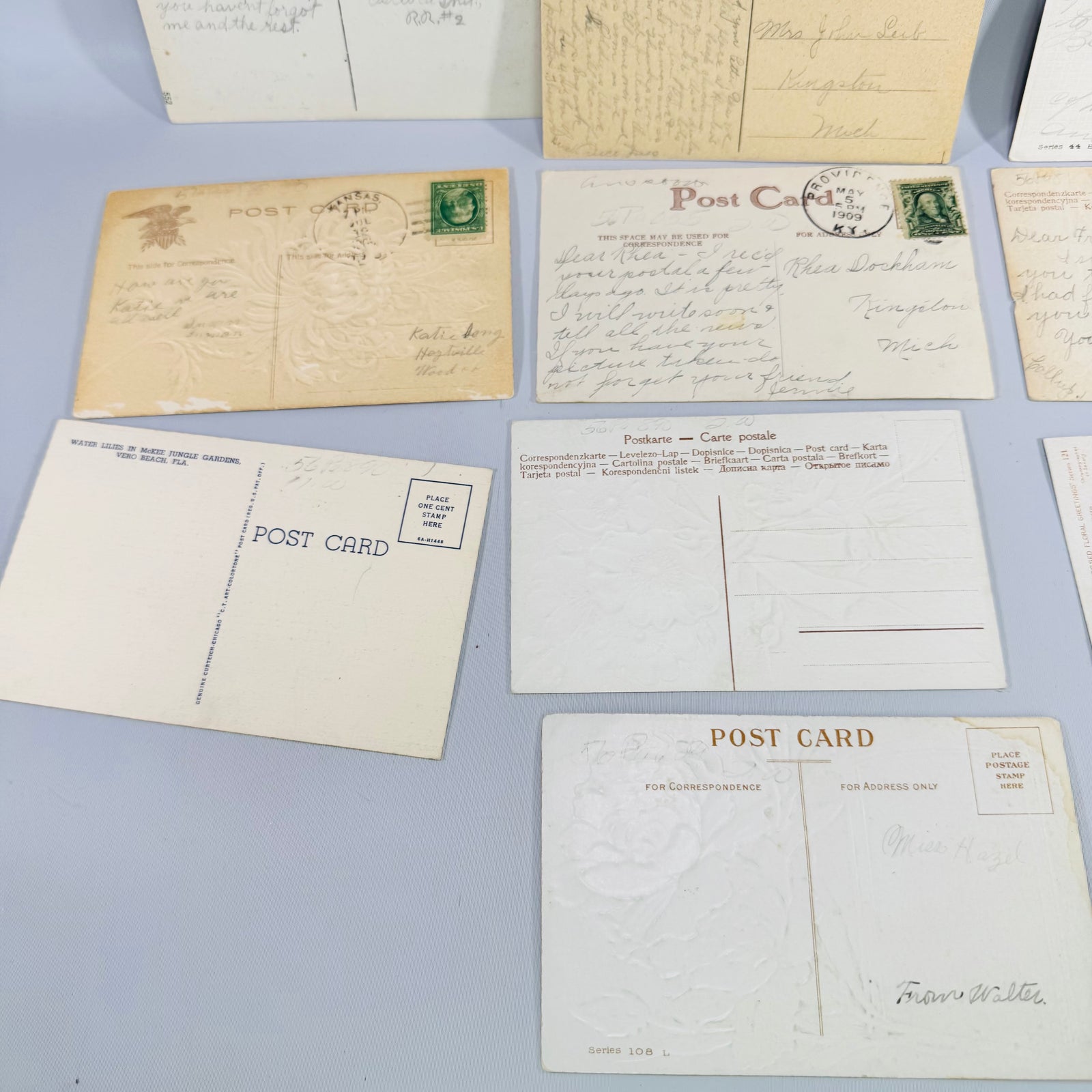 Vintage Floral Postcard Bundle of 10 Embossed Flower & Scenic Greeting Cards with Antique Postmarks