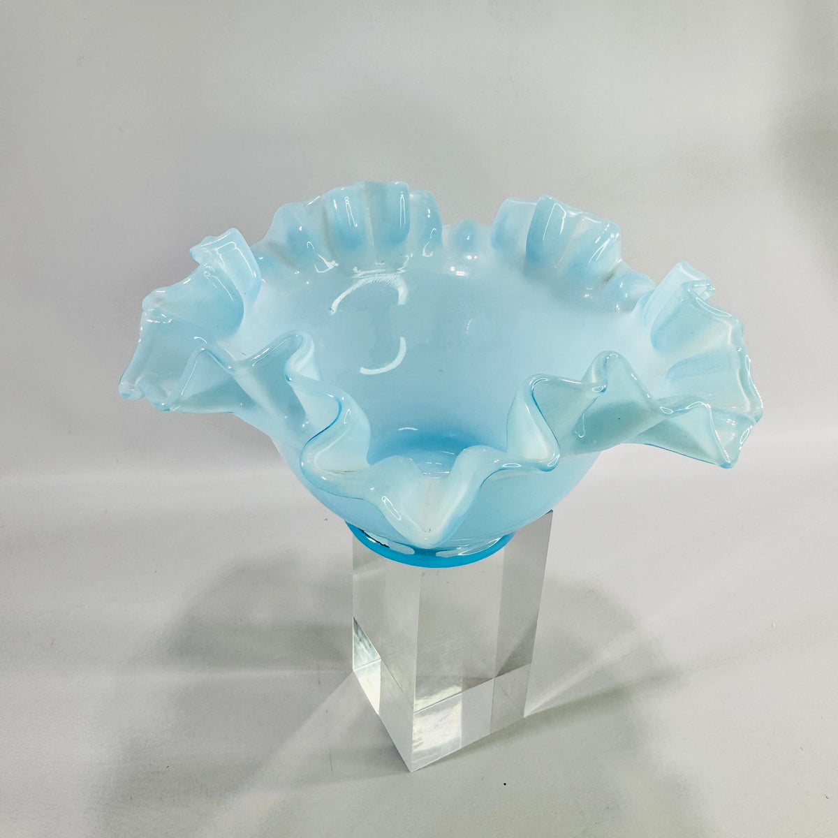 Vintage Fenton Turquoise Crest Blue Overlay Ruffled Bowl Hand Crimped Art Glass Candy Dish