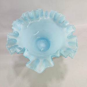 Vintage Fenton Turquoise Crest Blue Overlay Ruffled Bowl Hand Crimped Art Glass Candy Dish