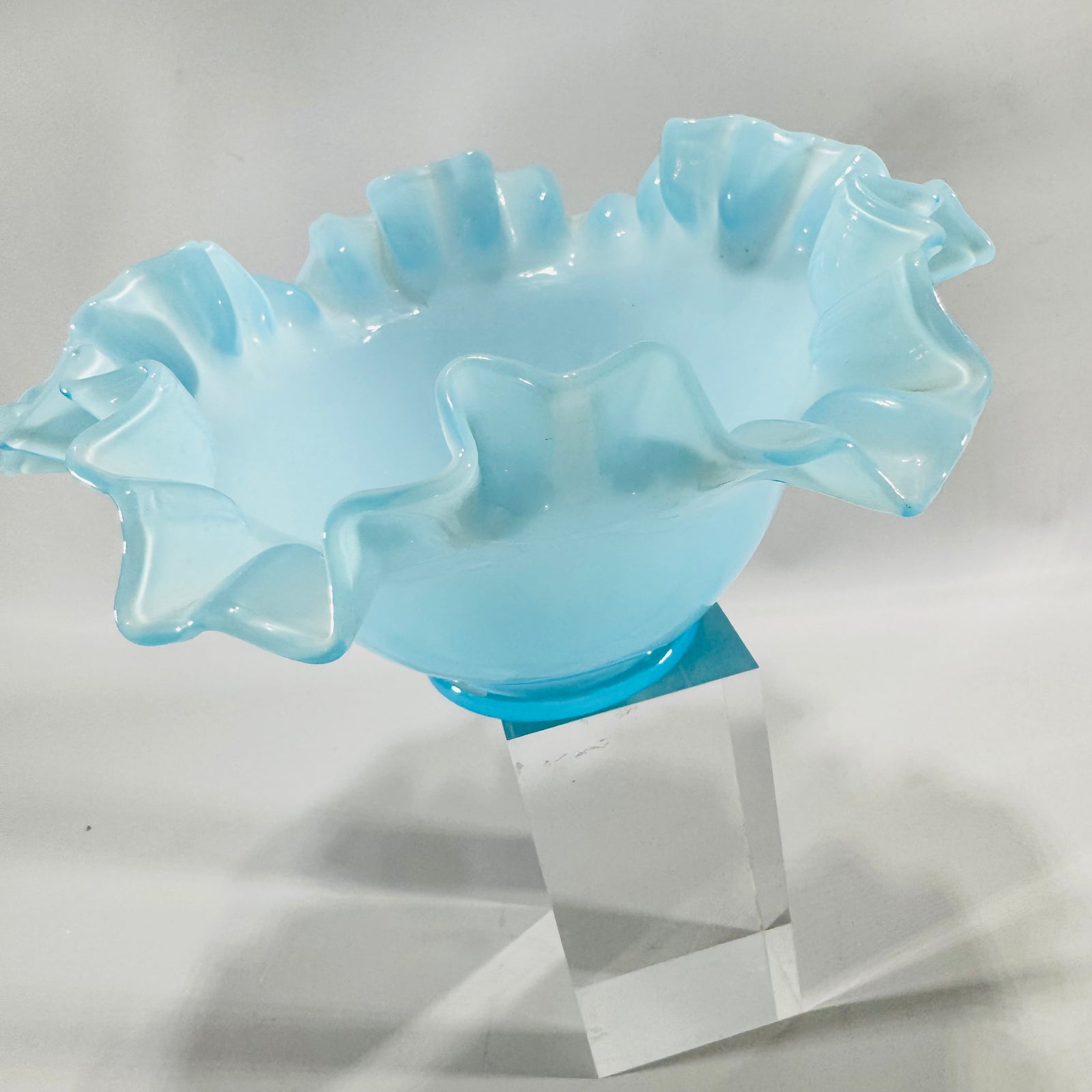 Vintage Fenton Turquoise Crest Blue Overlay Ruffled Bowl Hand Crimped Art Glass Candy Dish