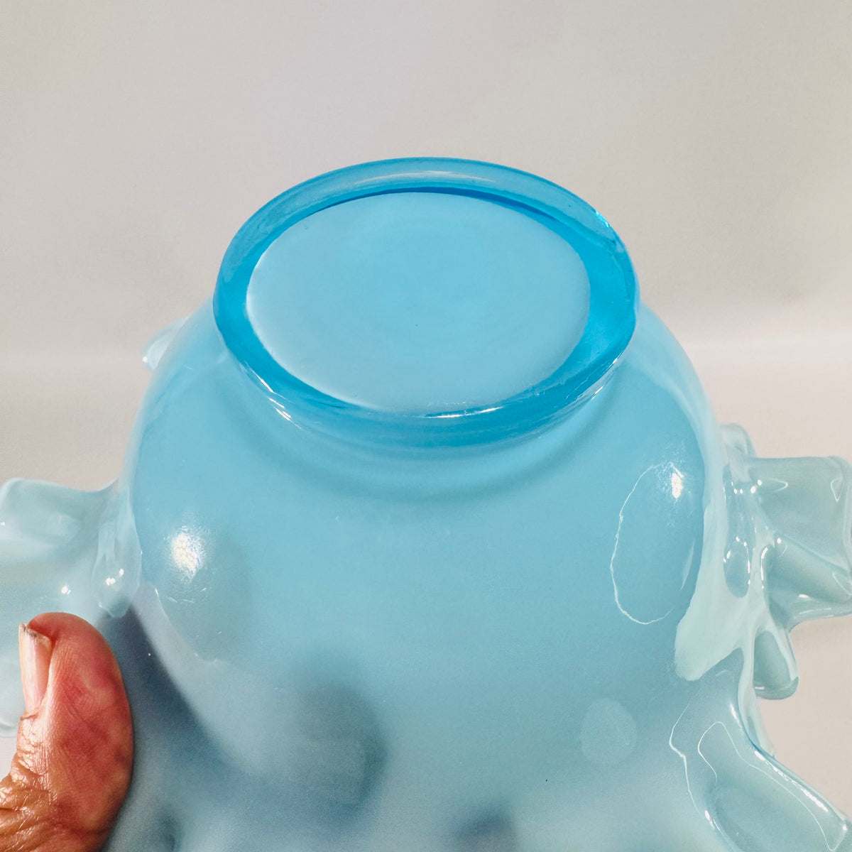 Vintage Fenton Turquoise Crest Blue Overlay Ruffled Bowl Hand Crimped Art Glass Candy Dish