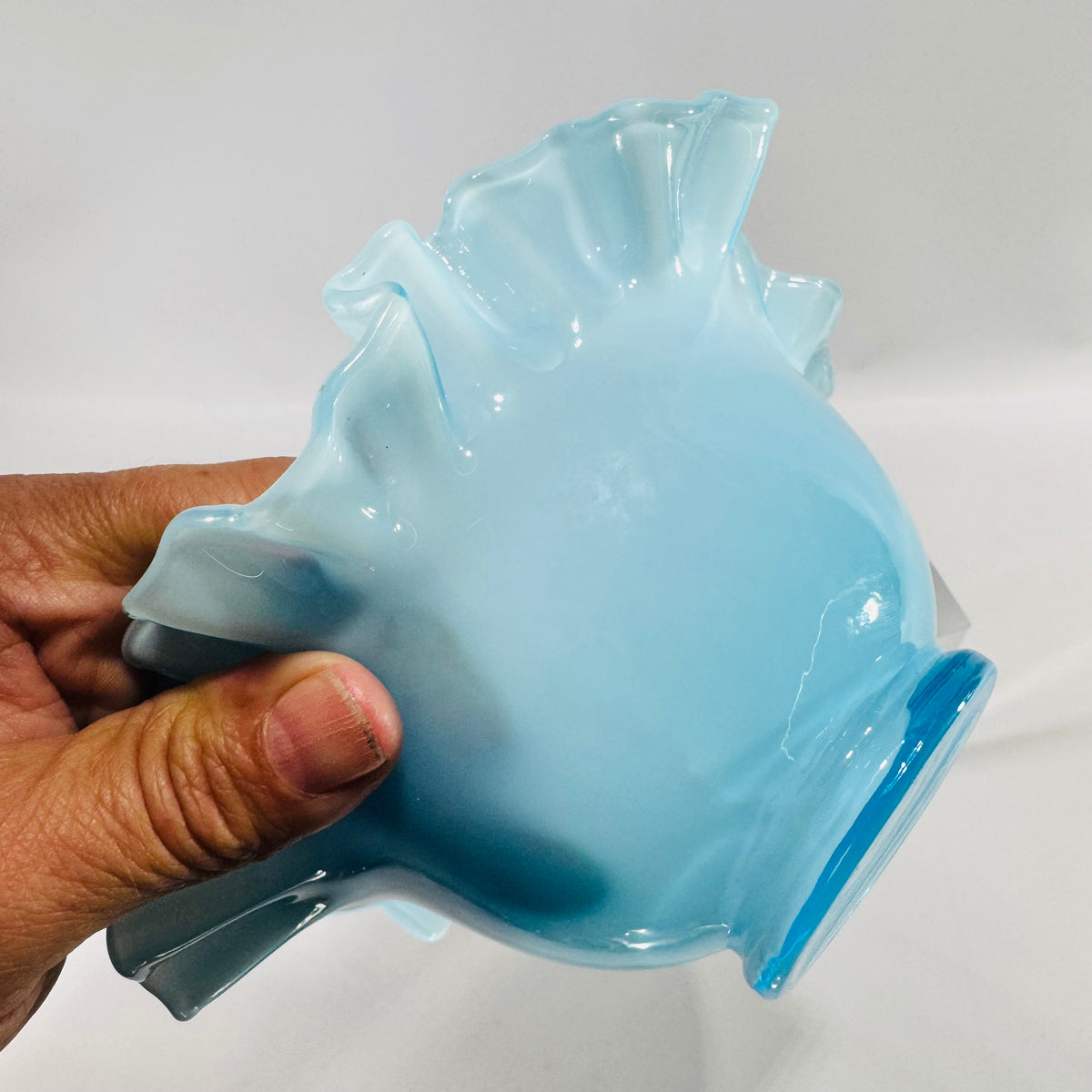 Vintage Fenton Turquoise Crest Blue Overlay Ruffled Bowl Hand Crimped Art Glass Candy Dish