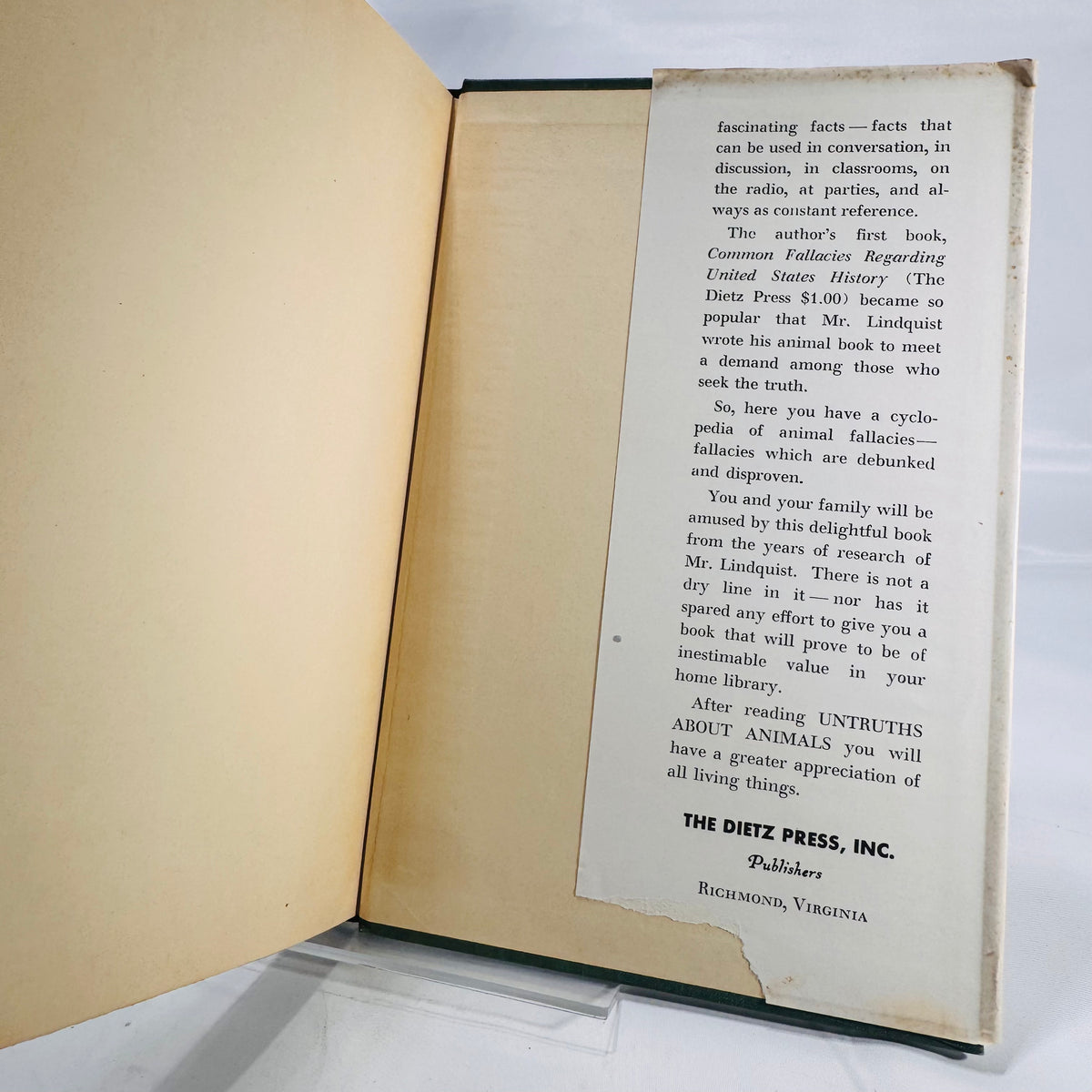 Untruths About Animals 1950 Hardcover Dust Jacket Orville Lindquist Vintage Animal Fallacies Book
