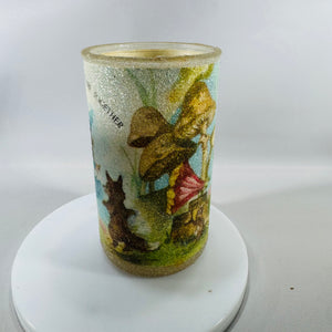 Vintage Glitter Friendship Votive Candle Holder (1980s) | Frosted Glass 5” Cylinder, Woodland Art, Original Wax
