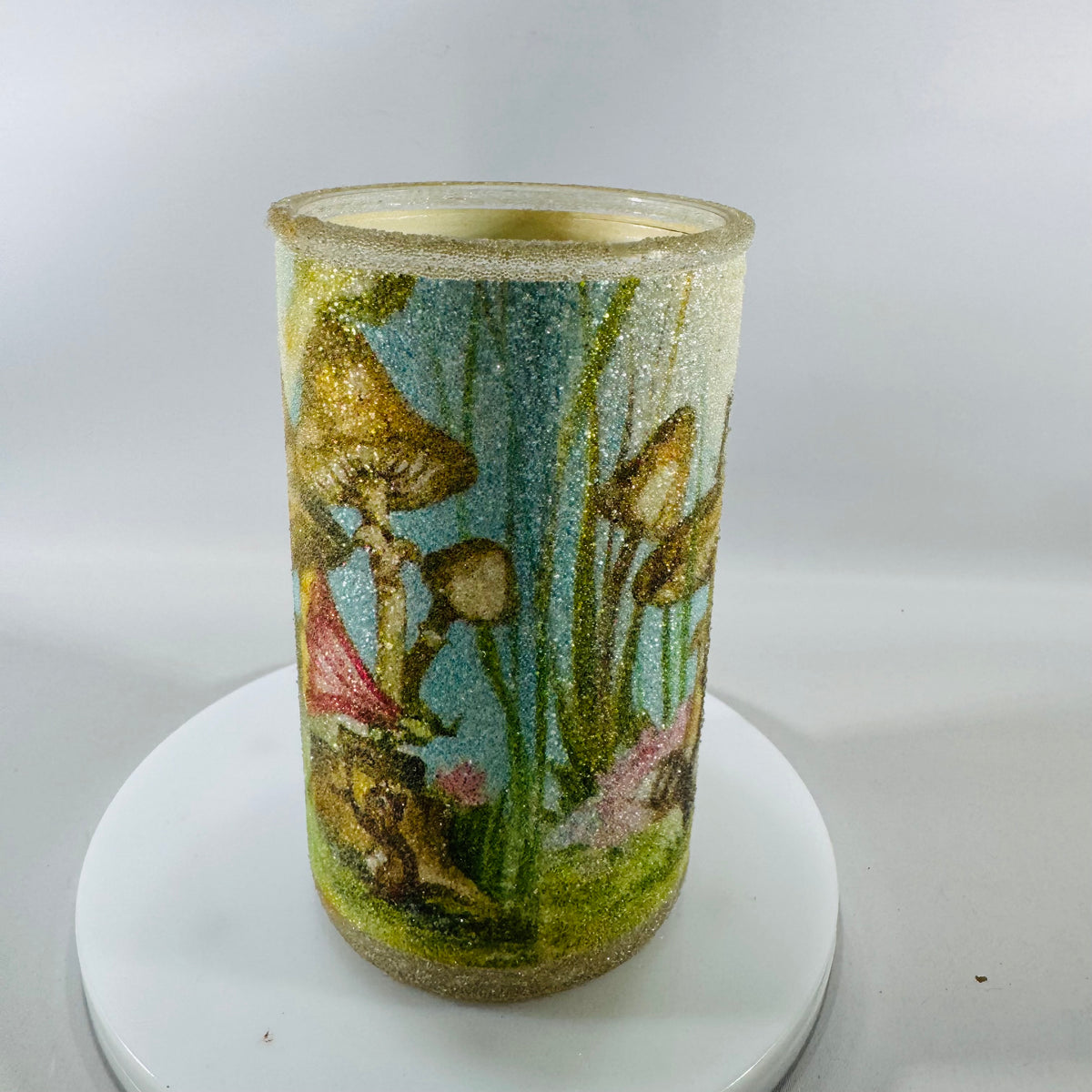 Vintage Glitter Friendship Votive Candle Holder (1980s) | Frosted Glass 5” Cylinder, Woodland Art, Original Wax