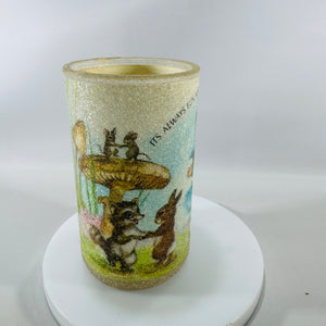 Vintage Glitter Friendship Votive Candle Holder (1980s) | Frosted Glass 5” Cylinder, Woodland Art, Original Wax