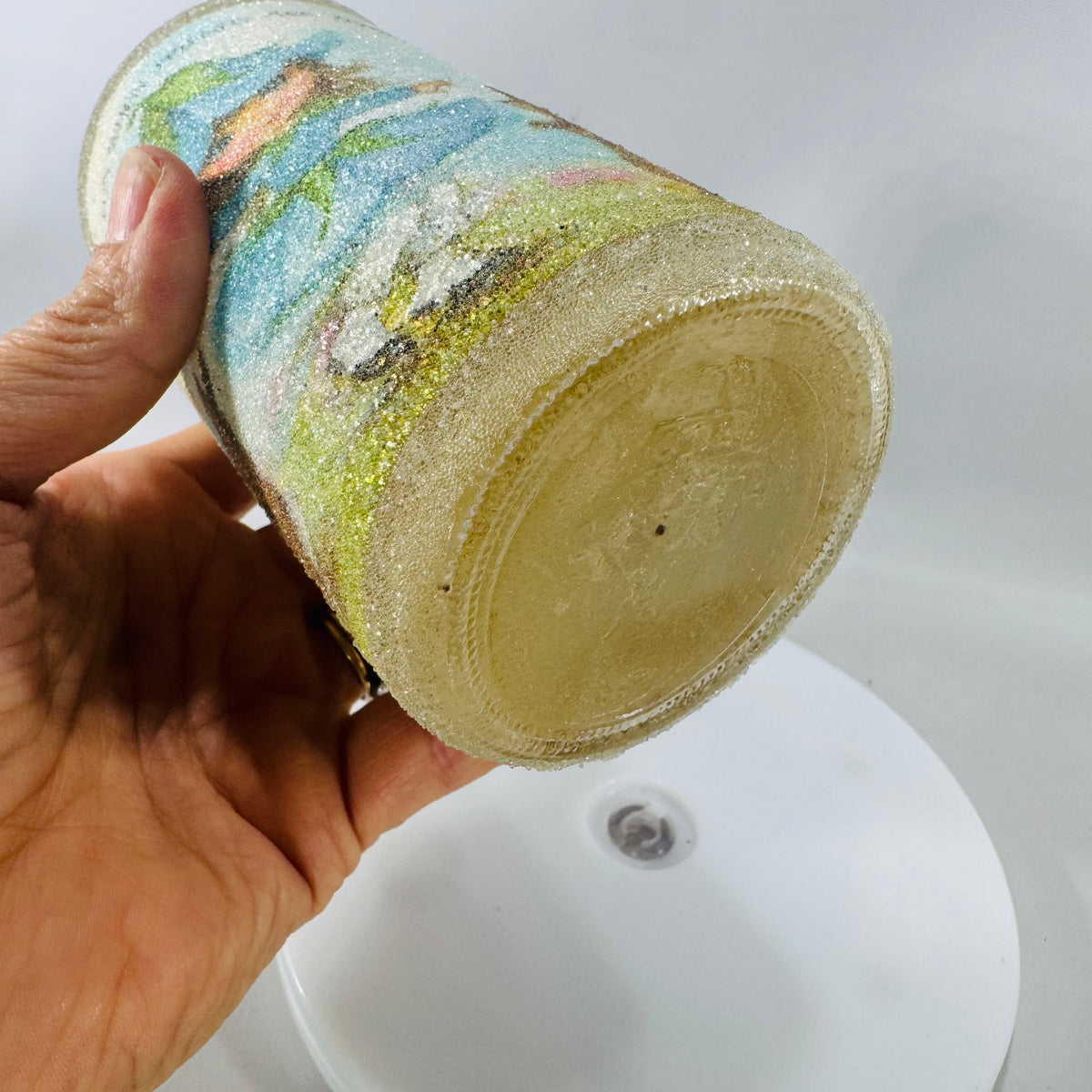 Vintage Glitter Friendship Votive Candle Holder (1980s) | Frosted Glass 5” Cylinder, Woodland Art, Original Wax
