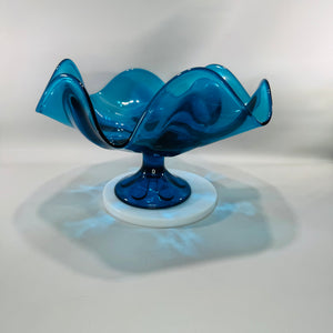 Vintage Viking Glass Bluenique Epic 6-Petal Pedestal Compote Bowl | 1960s MCM Handkerchief Rim | 9” Wide 5” Tall