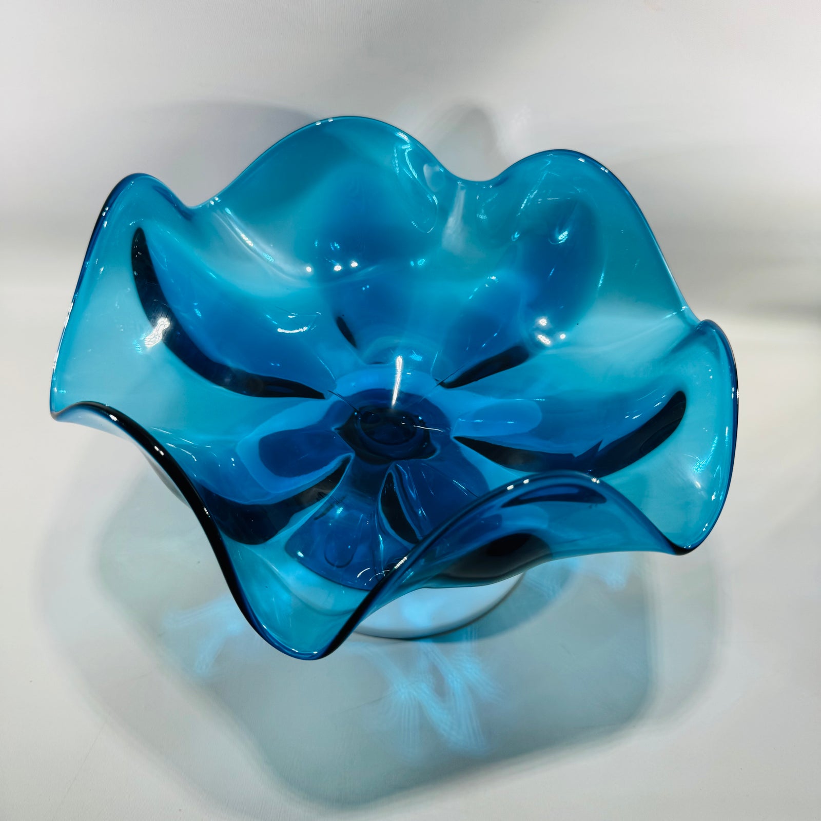 Vintage Viking Glass Bluenique Epic 6-Petal Pedestal Compote Bowl | 1960s MCM Handkerchief Rim | 9” Wide 5” Tall