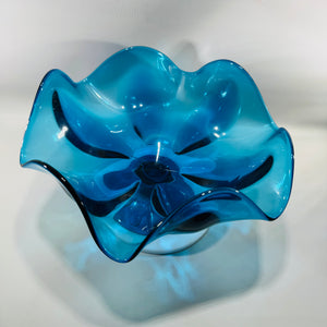 Vintage Viking Glass Bluenique Epic 6-Petal Pedestal Compote Bowl | 1960s MCM Handkerchief Rim | 9” Wide 5” Tall