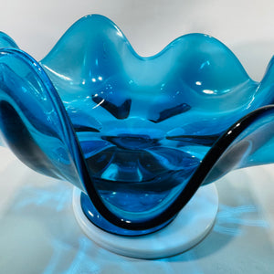 Vintage Viking Glass Bluenique Epic 6-Petal Pedestal Compote Bowl | 1960s MCM Handkerchief Rim | 9” Wide 5” Tall
