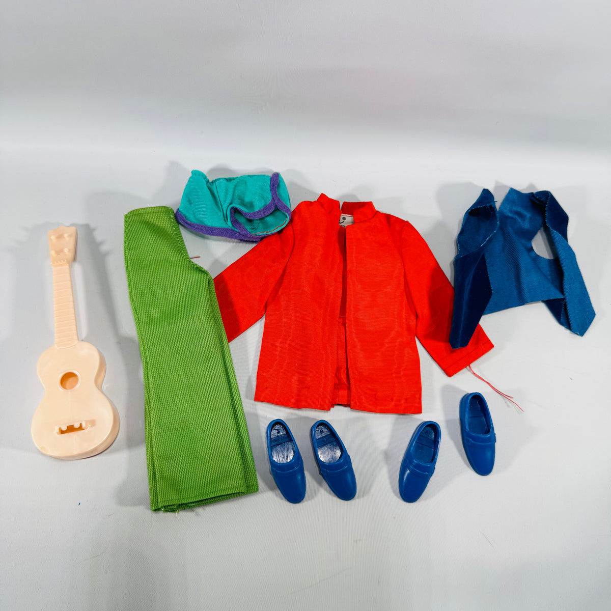 Vintage Mattel Ken Clothing &amp; Accessory Bundle (9 Pieces) — Tagged Red Jacket, Green Pants, Blue Loafers + Guitar