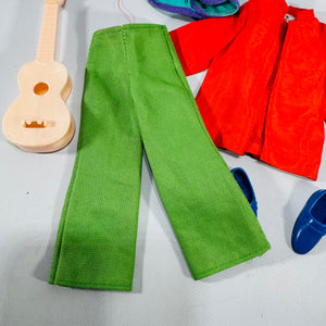Vintage Mattel Ken Clothing & Accessory Bundle (9 Pieces) — Tagged Red Jacket, Green Pants, Blue Loafers + Guitar