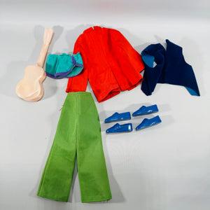 Vintage Mattel Ken Clothing & Accessory Bundle (9 Pieces) — Tagged Red Jacket, Green Pants, Blue Loafers + Guitar