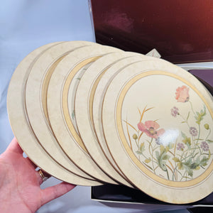 Vintage Clover Leaf Minton Placemats Set of 6, England Melamine Cork Back “Melamats” Poppy Wildflower Floral, Boxed 9.5”