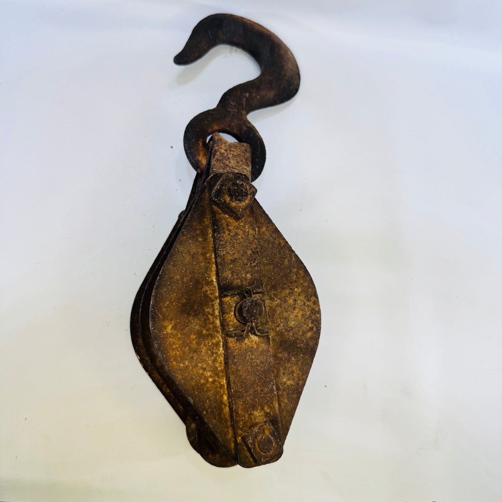 Antique Cast Iron Double Sheave Block Pulley Swivel Hook Industrial Farm Decor