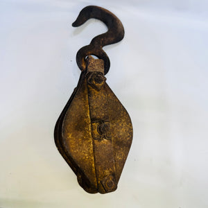 Antique Cast Iron Double Sheave Block Pulley Swivel Hook Industrial Farm Decor