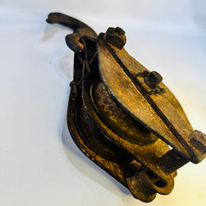 Antique Cast Iron Double Sheave Block Pulley Swivel Hook Industrial Farm Decor
