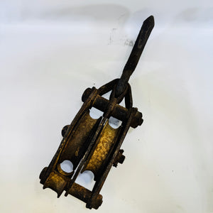 Antique Cast Iron Double Sheave Block Pulley Swivel Hook Industrial Farm Decor