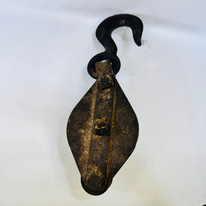 Antique Cast Iron Double Sheave Block Pulley Swivel Hook Industrial Farm Decor