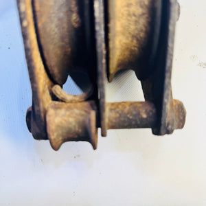 Antique Cast Iron Double Sheave Block Pulley Swivel Hook Industrial Farm Decor