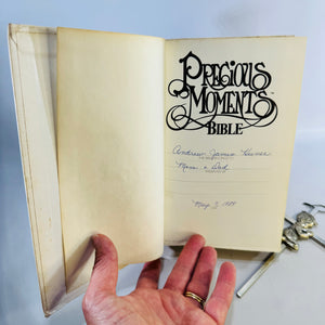 Precious Moments Bible & Praying Boy Cross Set 1980s Illustrated Keepsake Bible with Pewter Finish Wall Cross First Communion