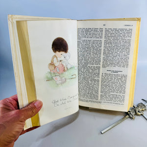 Precious Moments Bible & Praying Boy Cross Set 1980s Illustrated Keepsake Bible with Pewter Finish Wall Cross First Communion