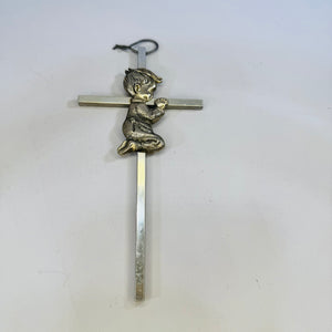 Precious Moments Bible & Praying Boy Cross Set 1980s Illustrated Keepsake Bible with Pewter Finish Wall Cross First Communion