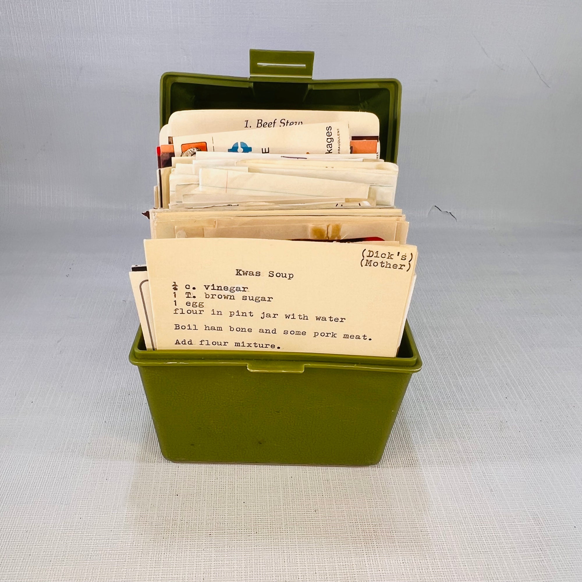 Vintage Green Plastic Recipe Container Packed Full of Handwritten Newspaper Clippings & Typed