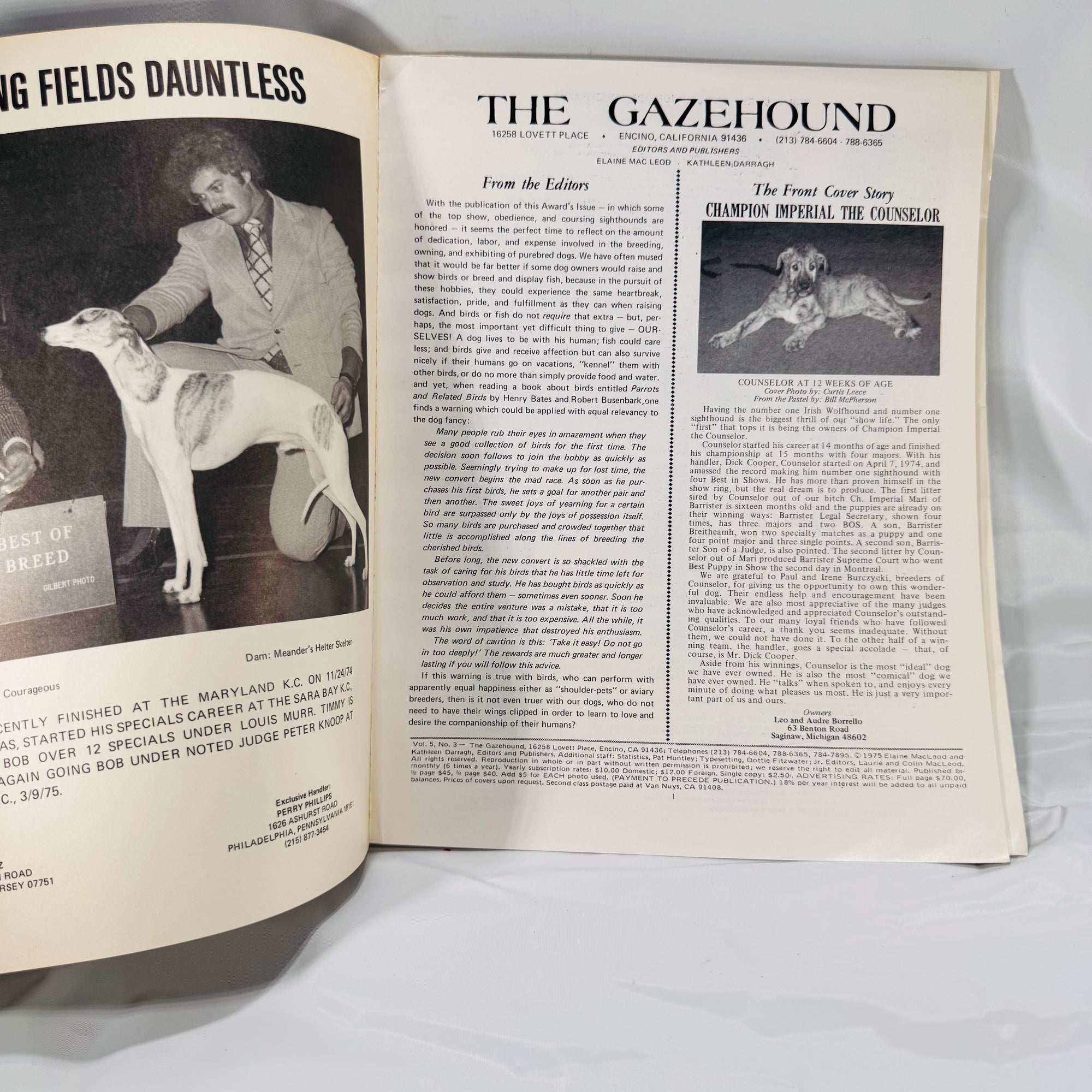 The Gazehound Magazine – May/June 1975 – Sighthound Dog Show History + Bonus Winner Inserts from Saginaw, MI