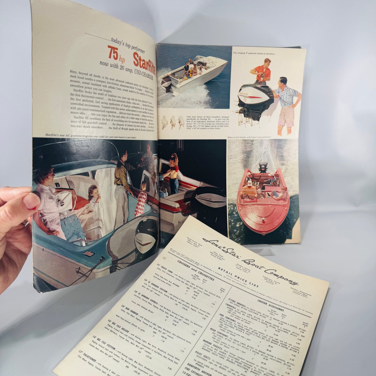 Vintage ’61 Evinrude outboard motor brochure with worn glossy cover showing an Evinrude engine on the water; 23-page midcentury boating advertising ephemera.
