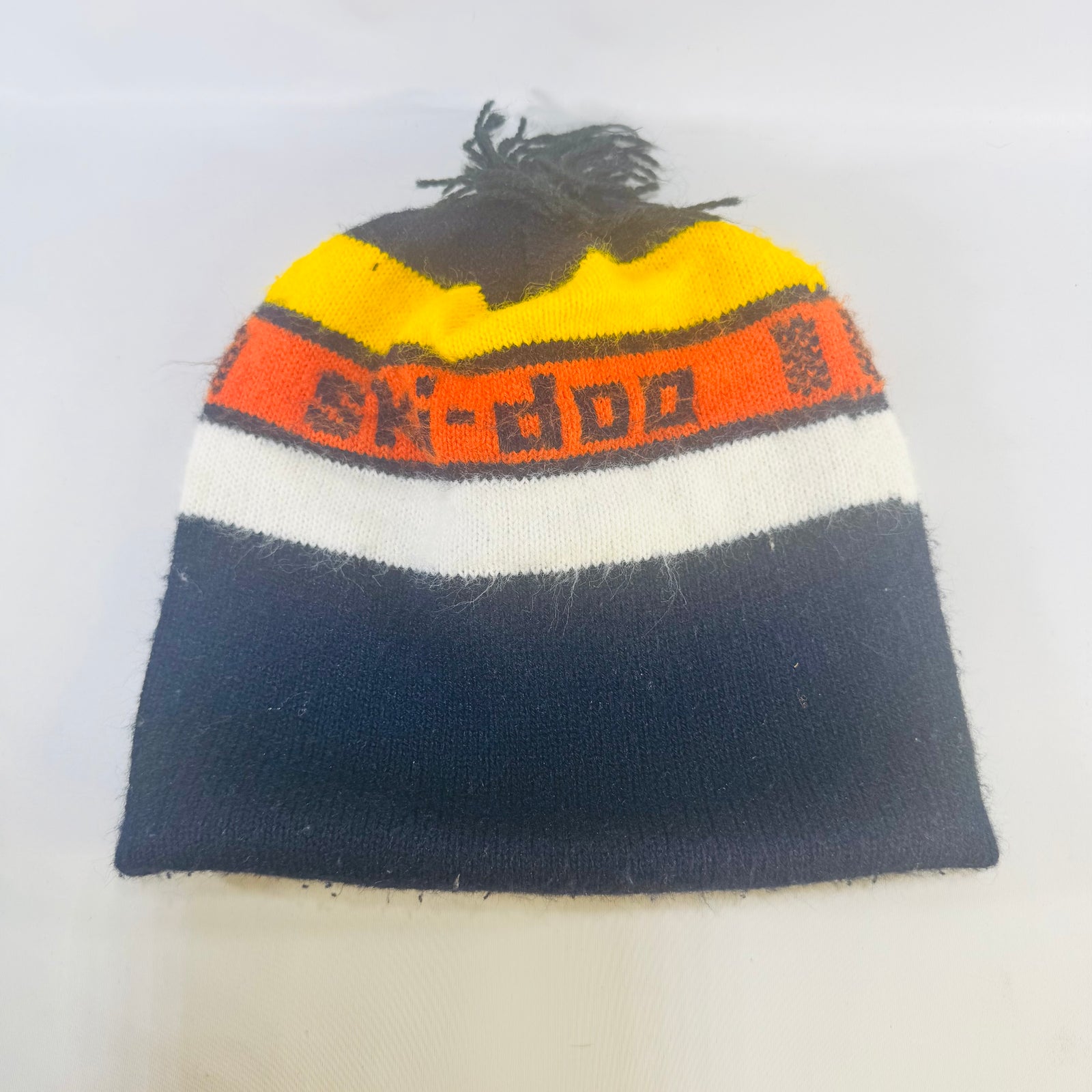Vintage 1970s Ski-Doo Knit Pom Pom Beanie Hat Black Orange Yellow Snowmobile Cap