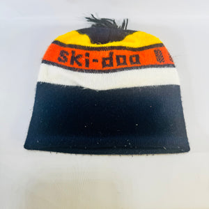 Vintage 1970s Ski-Doo Knit Pom Pom Beanie Hat Black Orange Yellow Snowmobile Cap
