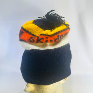 Vintage 1970s Ski-Doo Knit Pom Pom Beanie Hat Black Orange Yellow Snowmobile Cap