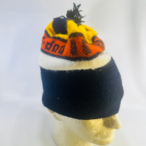 Vintage 1970s Ski-Doo Knit Pom Pom Beanie Hat Black Orange Yellow Snowmobile Cap