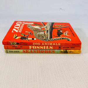 3 Golden Nature Guides Seashores (1955) Fossils (1962) & Zoo Animals (1967) Western Publishing Inc