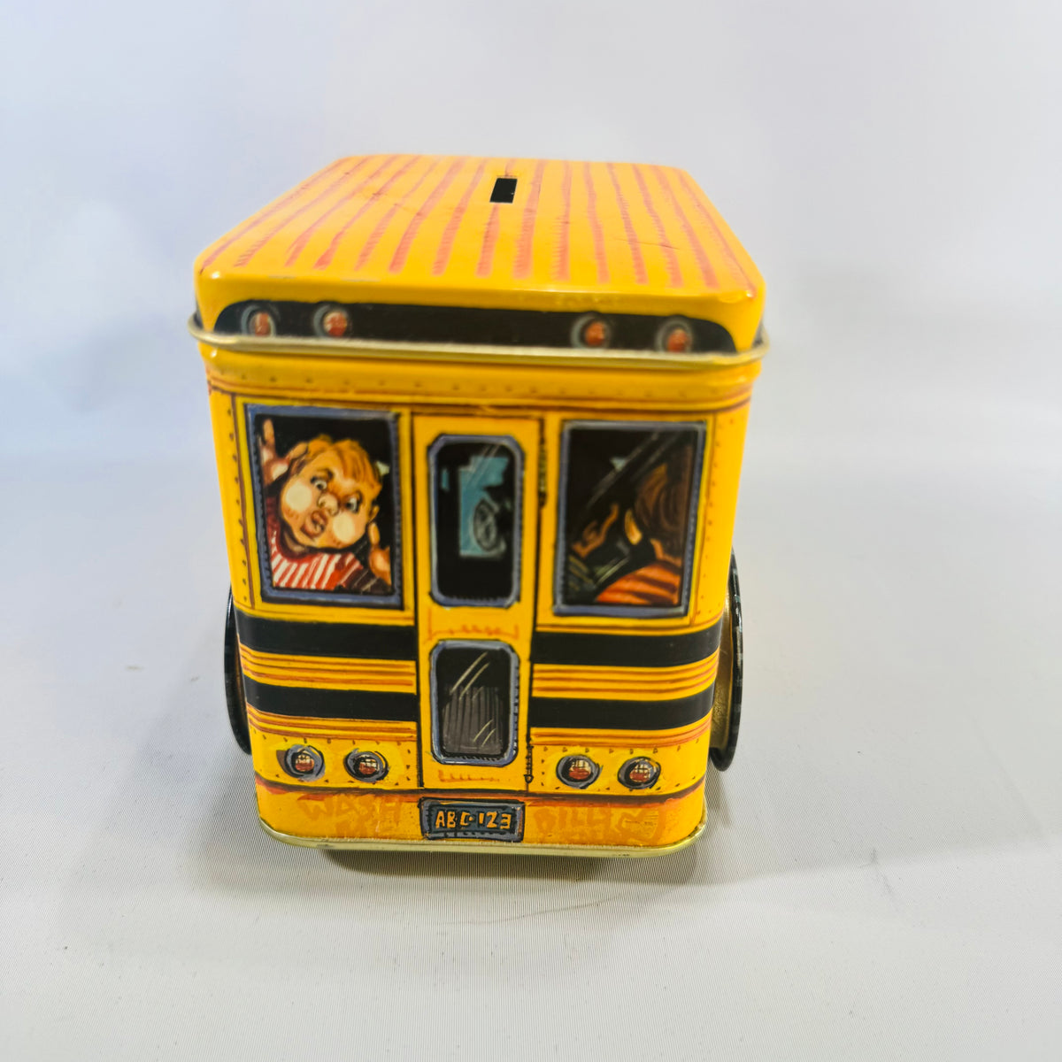 Vintage Tin School Bus Coin Bank Bus 22 Lithographed Kids Toy Removable Lid 7 In