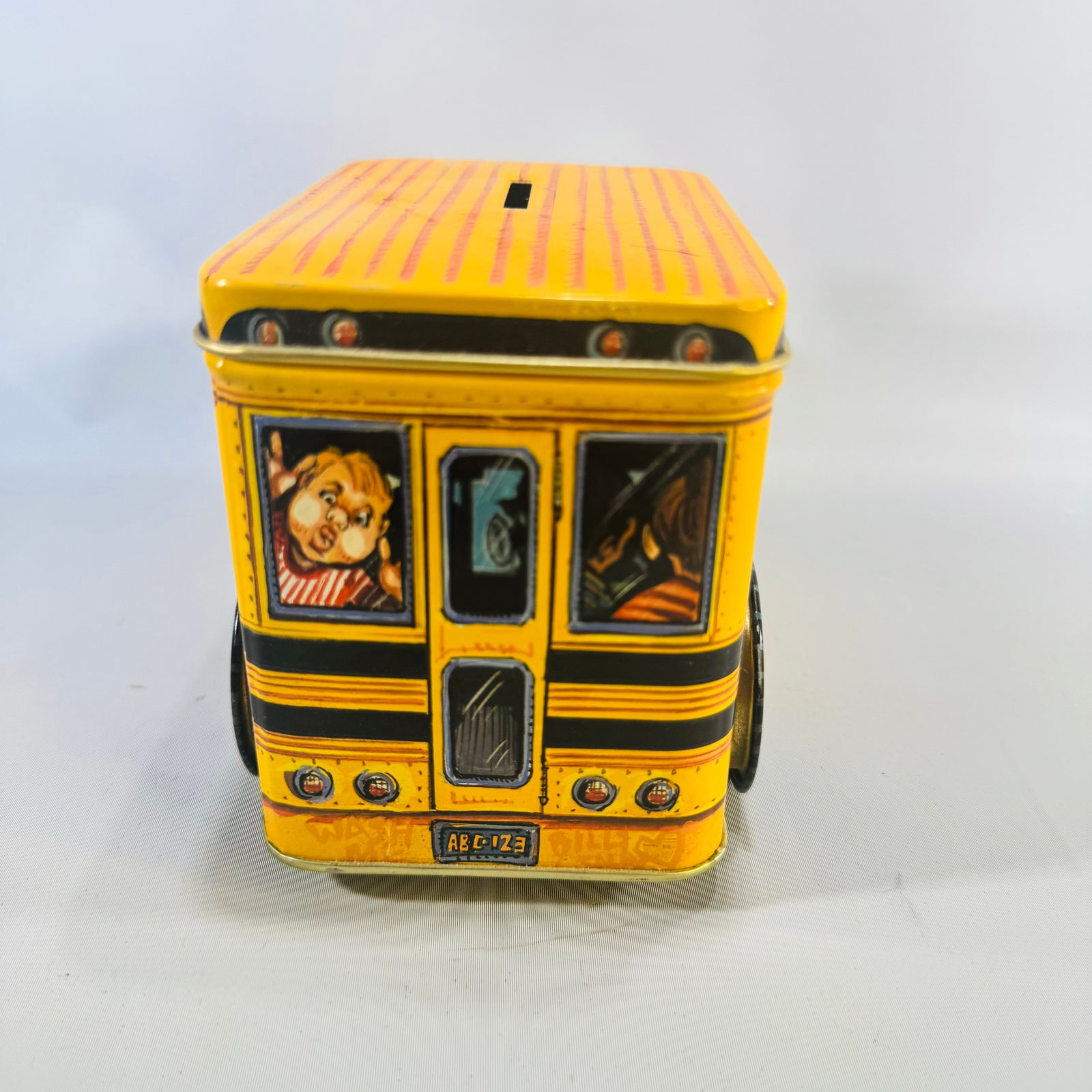 Vintage Tin School Bus Coin Bank Bus 22 Lithographed Kids Toy Removable Lid 7 In
