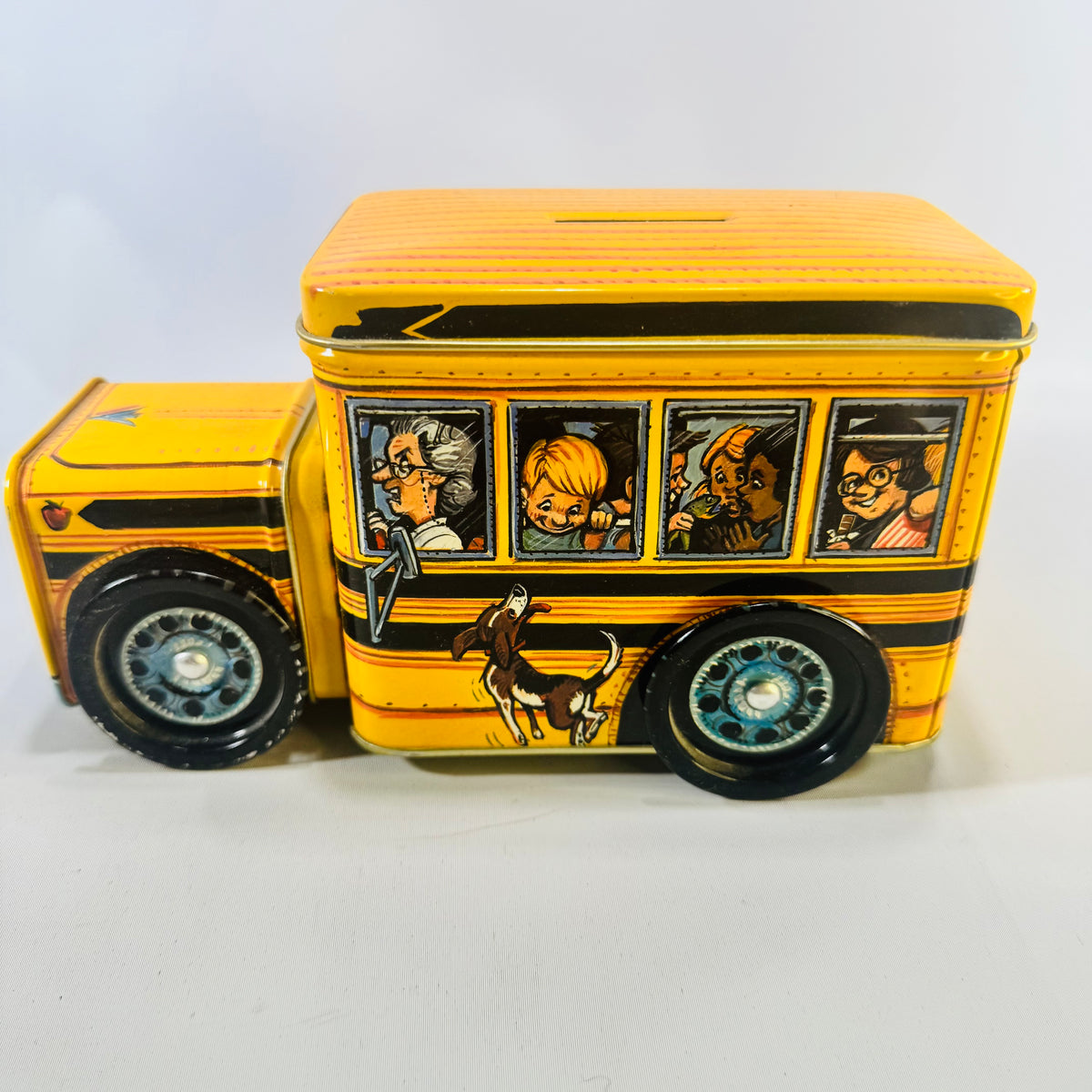 Vintage Tin School Bus Coin Bank Bus 22 Lithographed Kids Toy Removable Lid 7 In