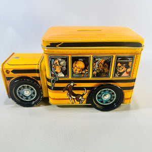 Vintage Tin School Bus Coin Bank Bus 22 Lithographed Kids Toy Removable Lid 7 In