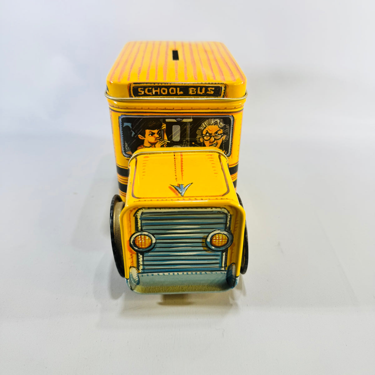 Vintage Tin School Bus Coin Bank Bus 22 Lithographed Kids Toy Removable Lid 7 In