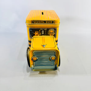 Vintage Tin School Bus Coin Bank Bus 22 Lithographed Kids Toy Removable Lid 7 In