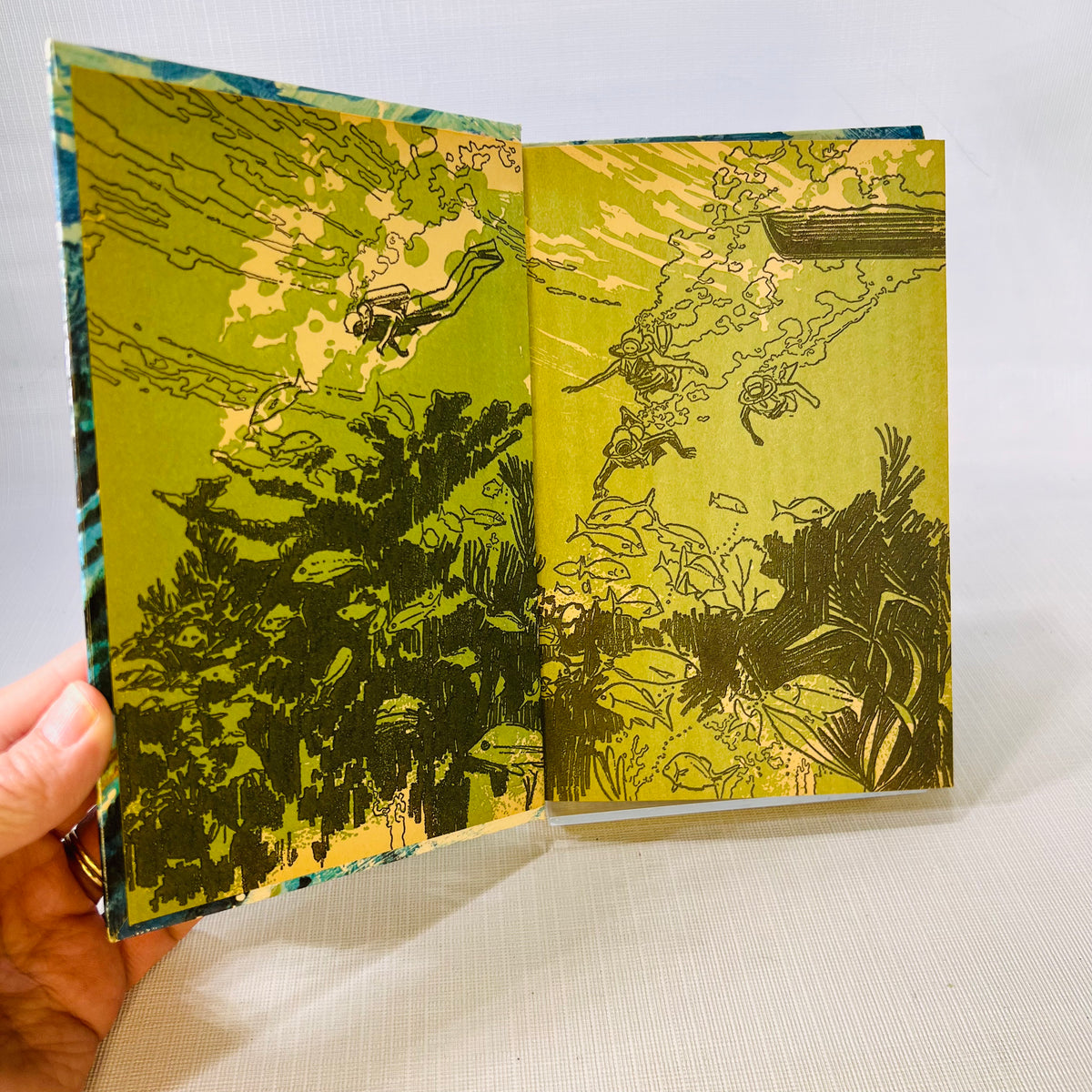 Illustrated endpapers with divers, fish, and coral, Divers Down! by Hal Gordon