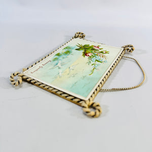 Victorian Hanging Calling Card Holder Loving Greeting Postcard Rope Frame Floral Dove Wall Display