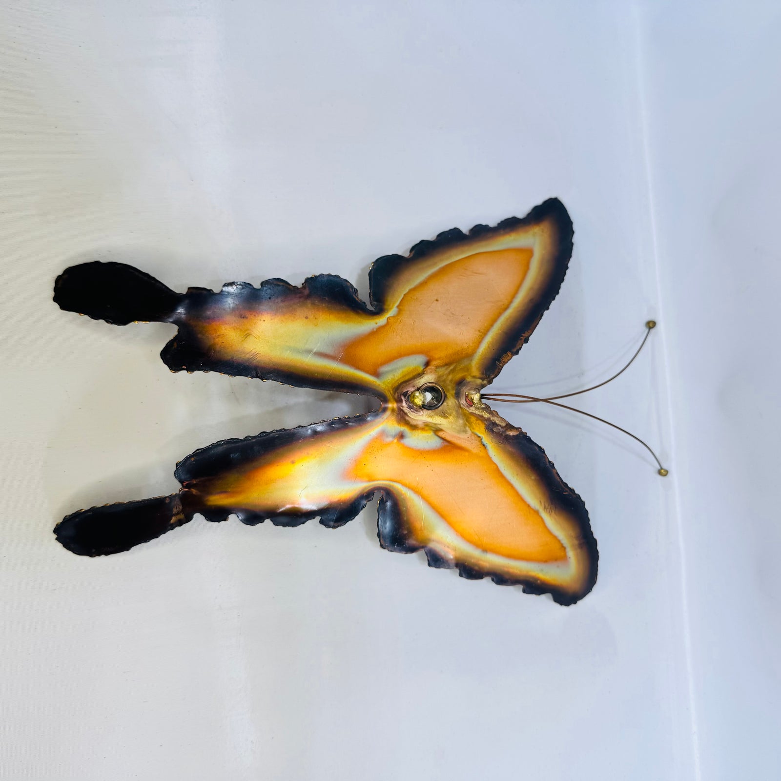 Mid Century Modern Copper Butterfly Wall Sculpture Torch Cut Brutalist Metal Art 10 Inch Vintage