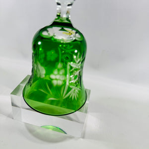 Emerald Green Cut to Clear Crystal Bell 8 Inch Grape Pattern Bohemian Style Vintage Art Glass
