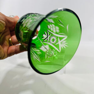 Emerald Green Cut to Clear Crystal Bell 8 Inch Grape Pattern Bohemian Style Vintage Art Glass